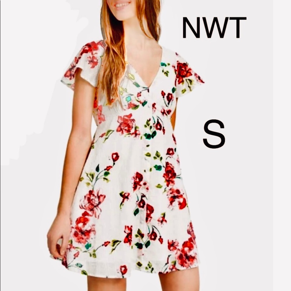 NWT white floral fit & flare lined A faux button v neck party SMALL price firm
